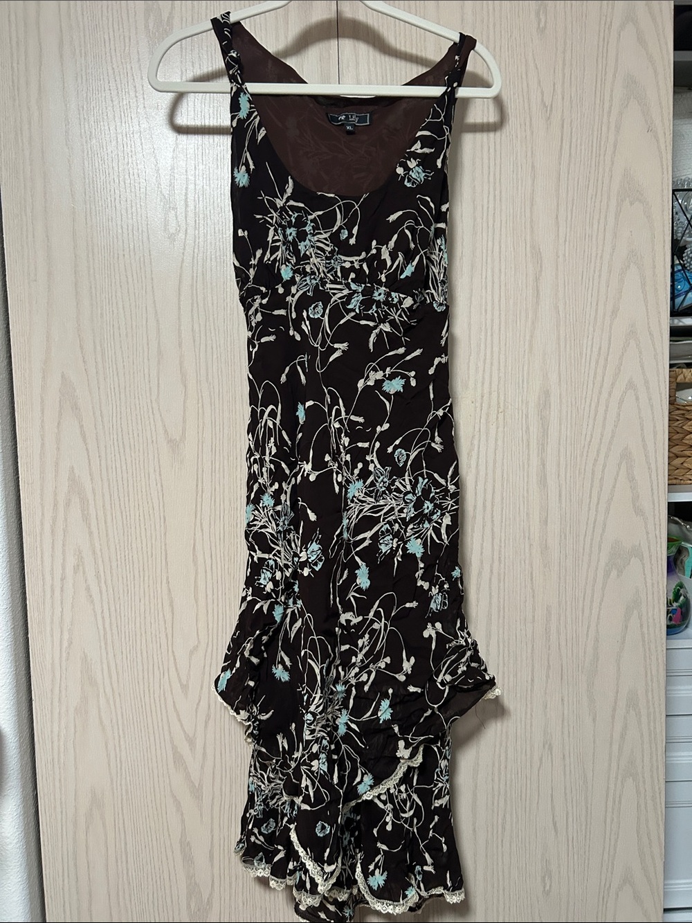 Lily Brown Floral Midi Dress with Cream and Light Blue Accents